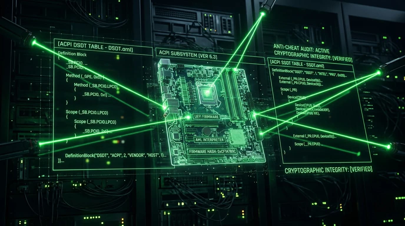 Holographic motherboard ACPI DSDT and SSDT table code blocks glowing in neon green