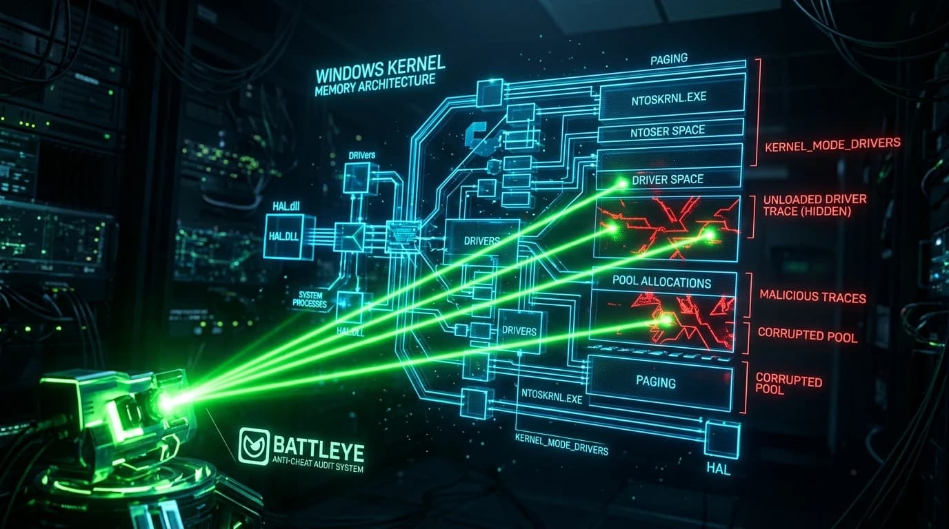 Windows kernel memory architecture being audited by green BattlEye scanner beams