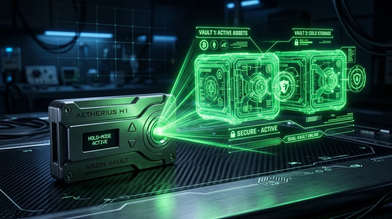 Futuristic titanium hardware wallet projecting a holographic dual-vault compartment in neon green