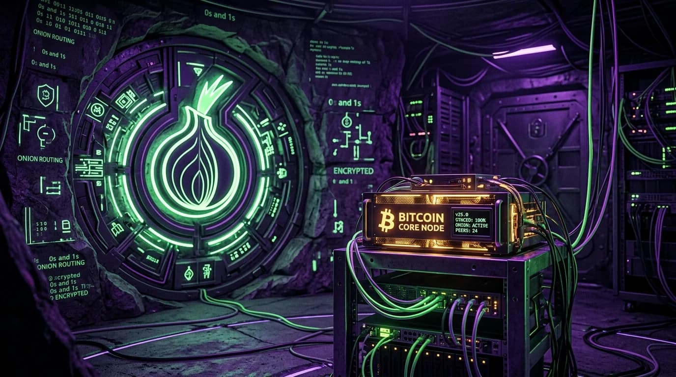 Glowing Bitcoin Core node operating inside an encrypted dark purple and green Tor onion chamber