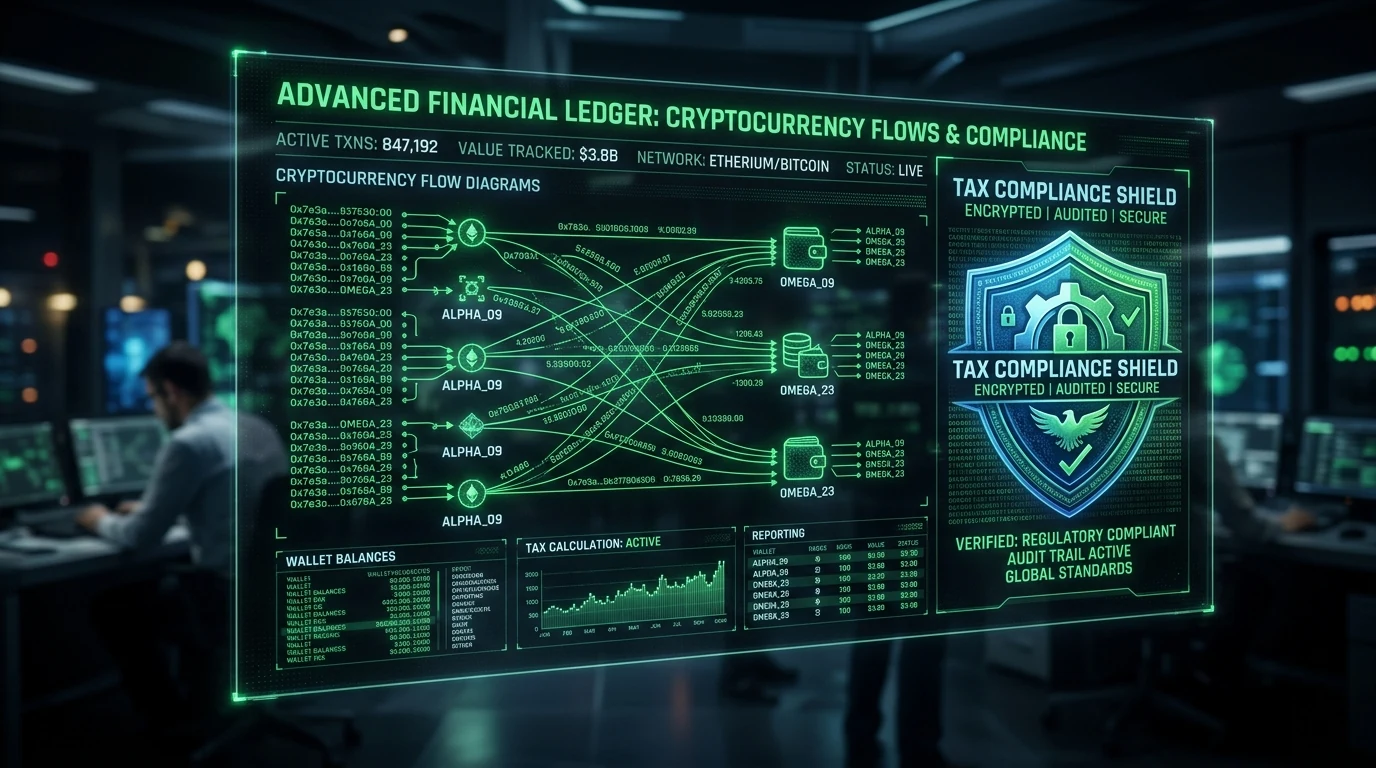 Dark holographic financial ledger with cryptocurrency flow diagrams and an encrypted tax shield