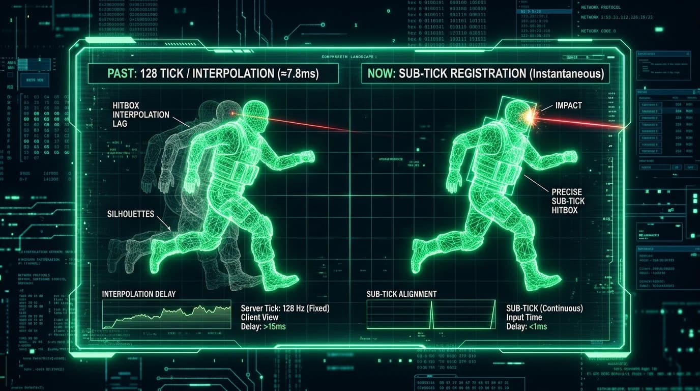 Counter-Strike tactical wireframe model comparing past hitbox interpolation with sub-tick