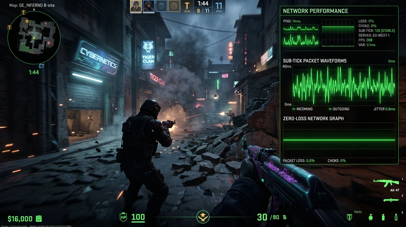 Futuristic CS2 style tactical HUD showing sub-tick packet waveforms and zero-loss network graphs