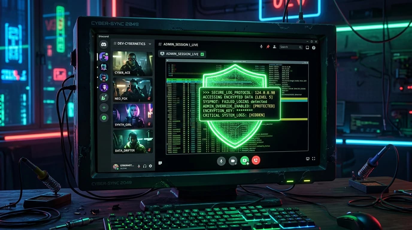 Cyberpunk computer monitor displaying a streaming video call with a neon green warning shield protecting code