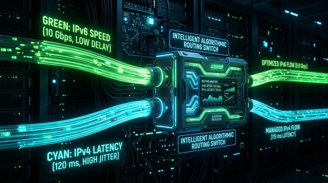 Dual glowing fiber optic stream comparing green IPv6 speed against cyan IPv4 latency