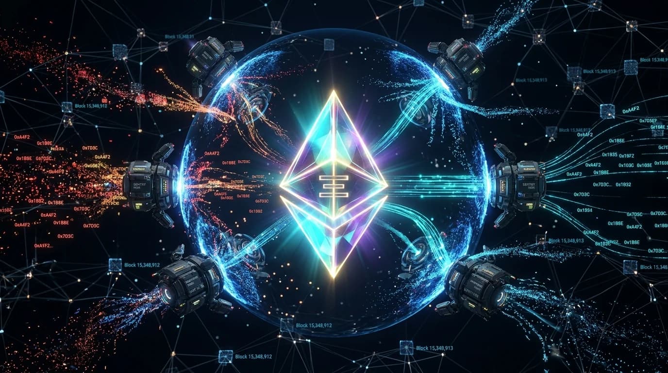 Glowing 3D Ethereum diamond core surrounded by protective Sentry node satellites