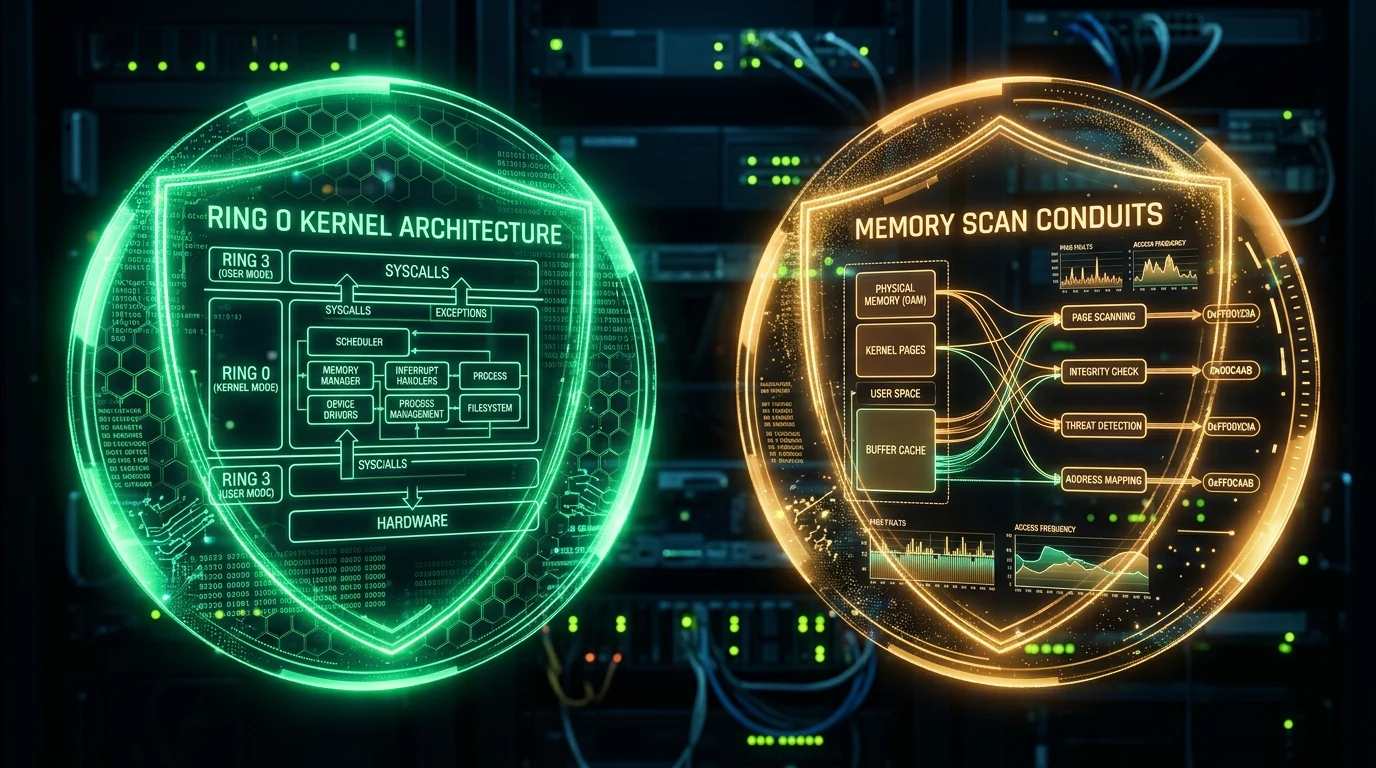 Two glowing holographic cybernetic shields side-by-side displaying Ring 0 kernel architecture diagrams