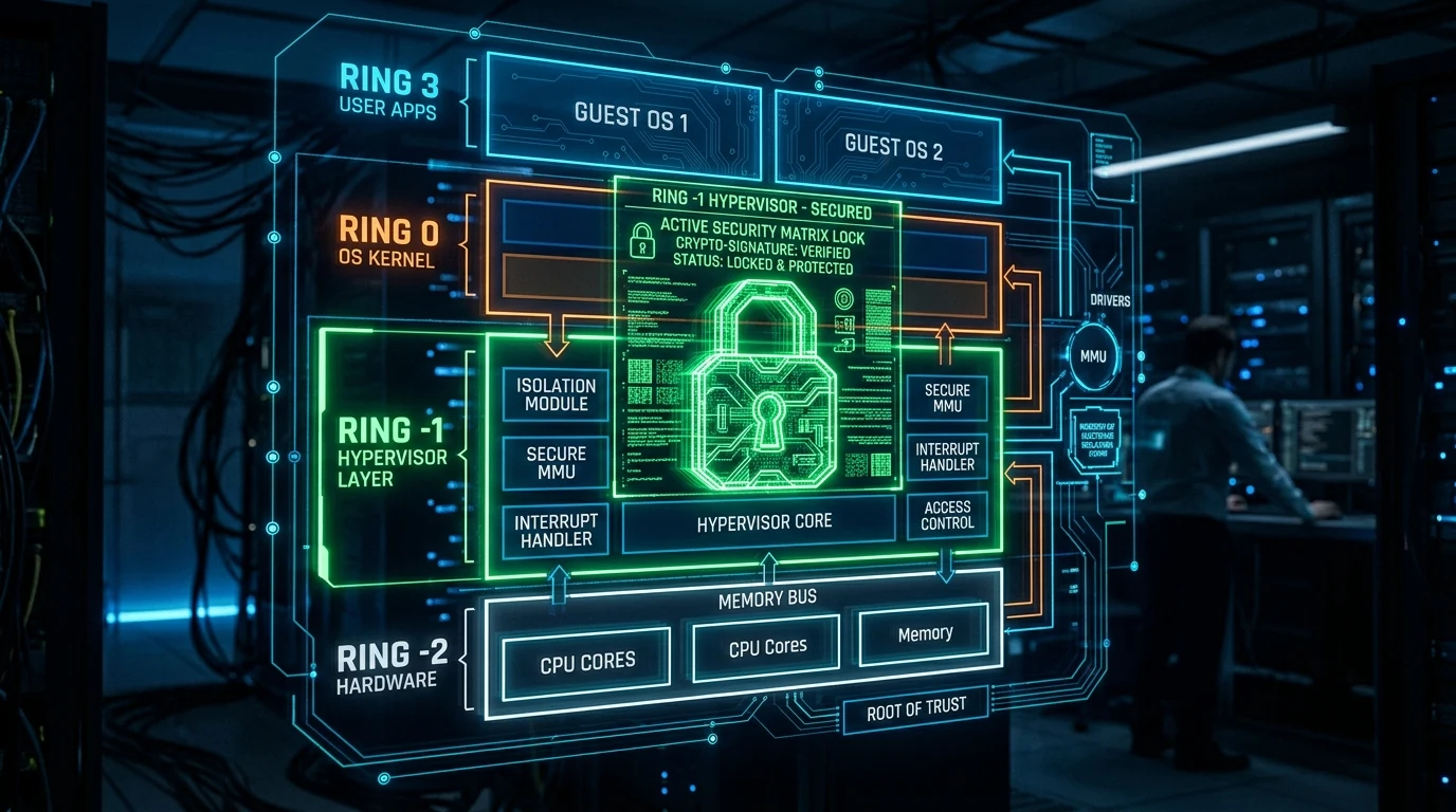 Holographic CPU architecture diagram showing Ring -1 Hypervisor layer glowing with neon green security lock