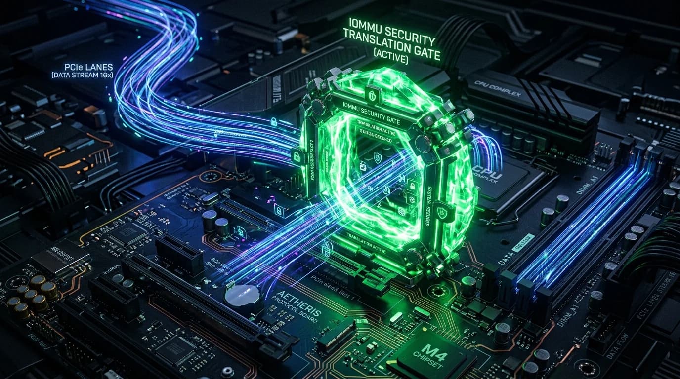 Holographic motherboard PCIe lanes passing through glowing green IOMMU security translation gate