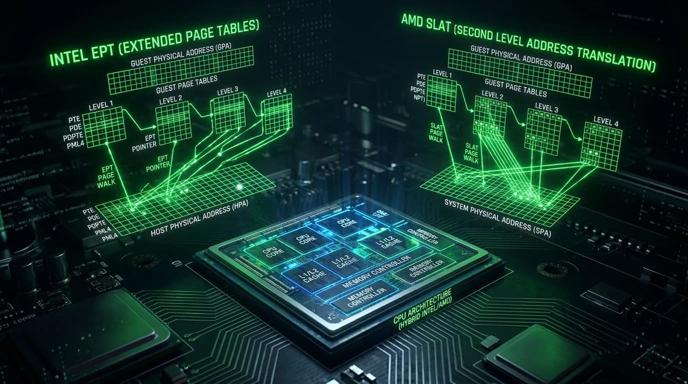 Holographic CPU architecture showing Intel EPT and AMD SLAT memory page remapping tables