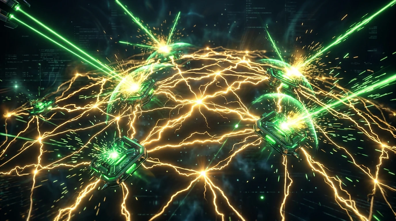 Glowing golden Lightning channel mesh network with green cybernetic surge protectors