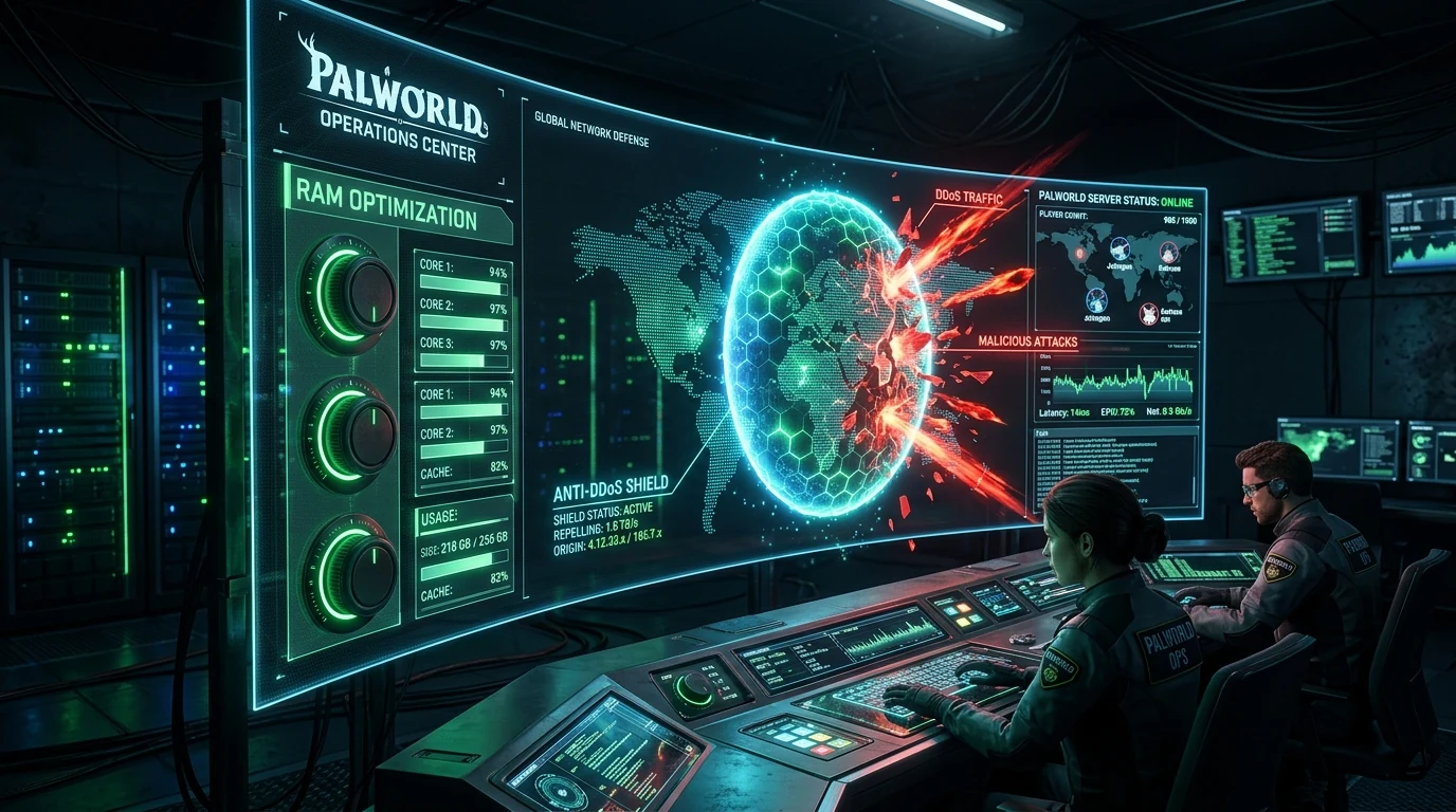 Palworld server command center with green RAM optimization dials and anti-DDoS shields