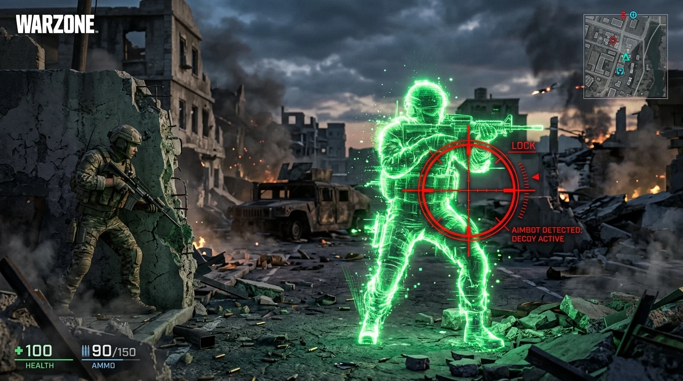 Warzone battlefield where an invisible glowing soldier decoy traps a red aimbot crosshair