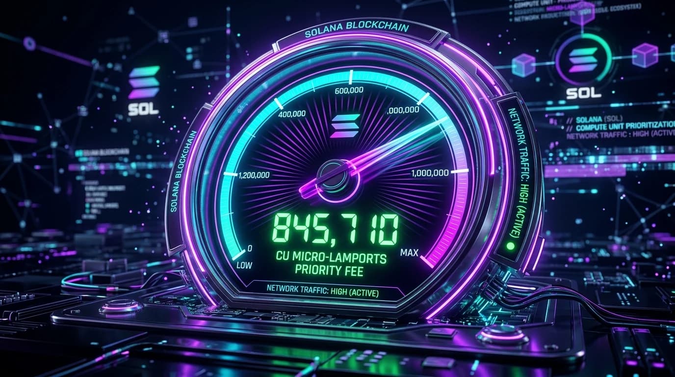 Solana blockchain speedometer measuring Compute Unit micro-lamport priority fees in green