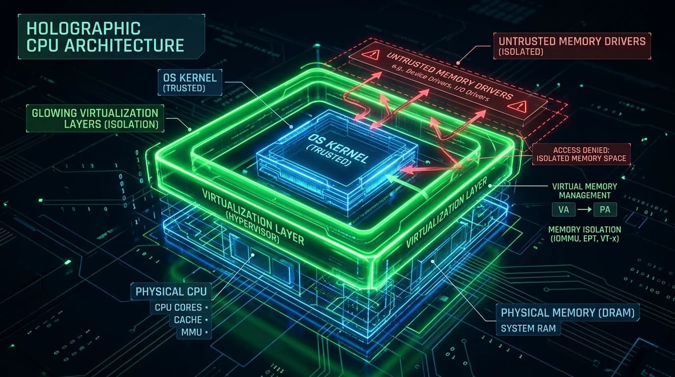 Holographic CPU architecture with green virtualization layers isolating OS kernel from drivers