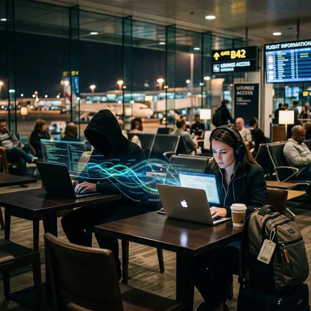 A hooded hacker in an airport broadcasting a fake Wi-Fi signal to intercept traveler data