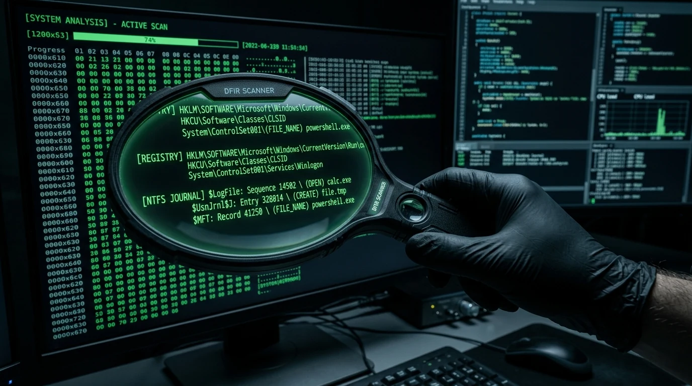 Dark digital forensics magnifying glass scanning Windows registry keys and NTFS system journals