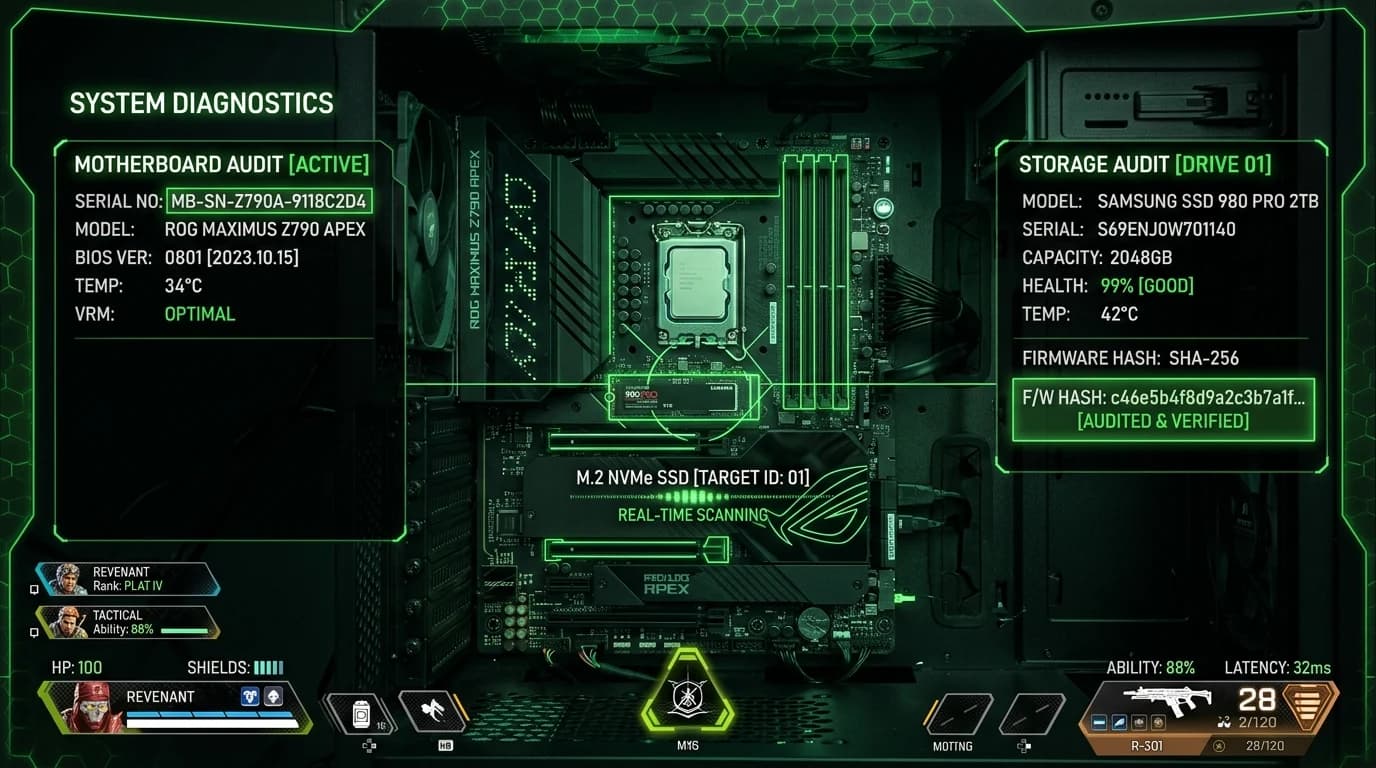 Apex Legends style tactical interface with glowing green diagnostic scans auditing motherboard serials