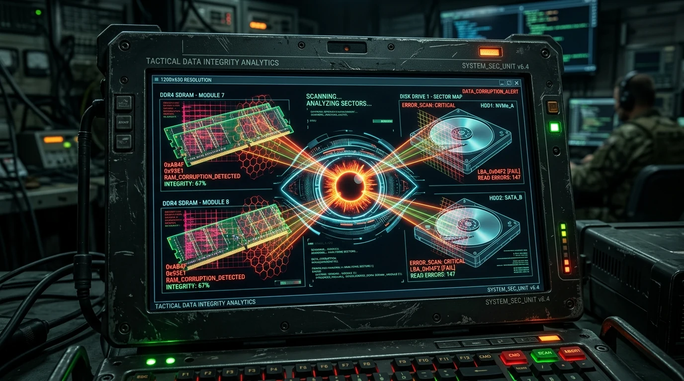 Tactical military cyberpunk terminal displaying a digital eye scanner dissecting RAM and disk drives