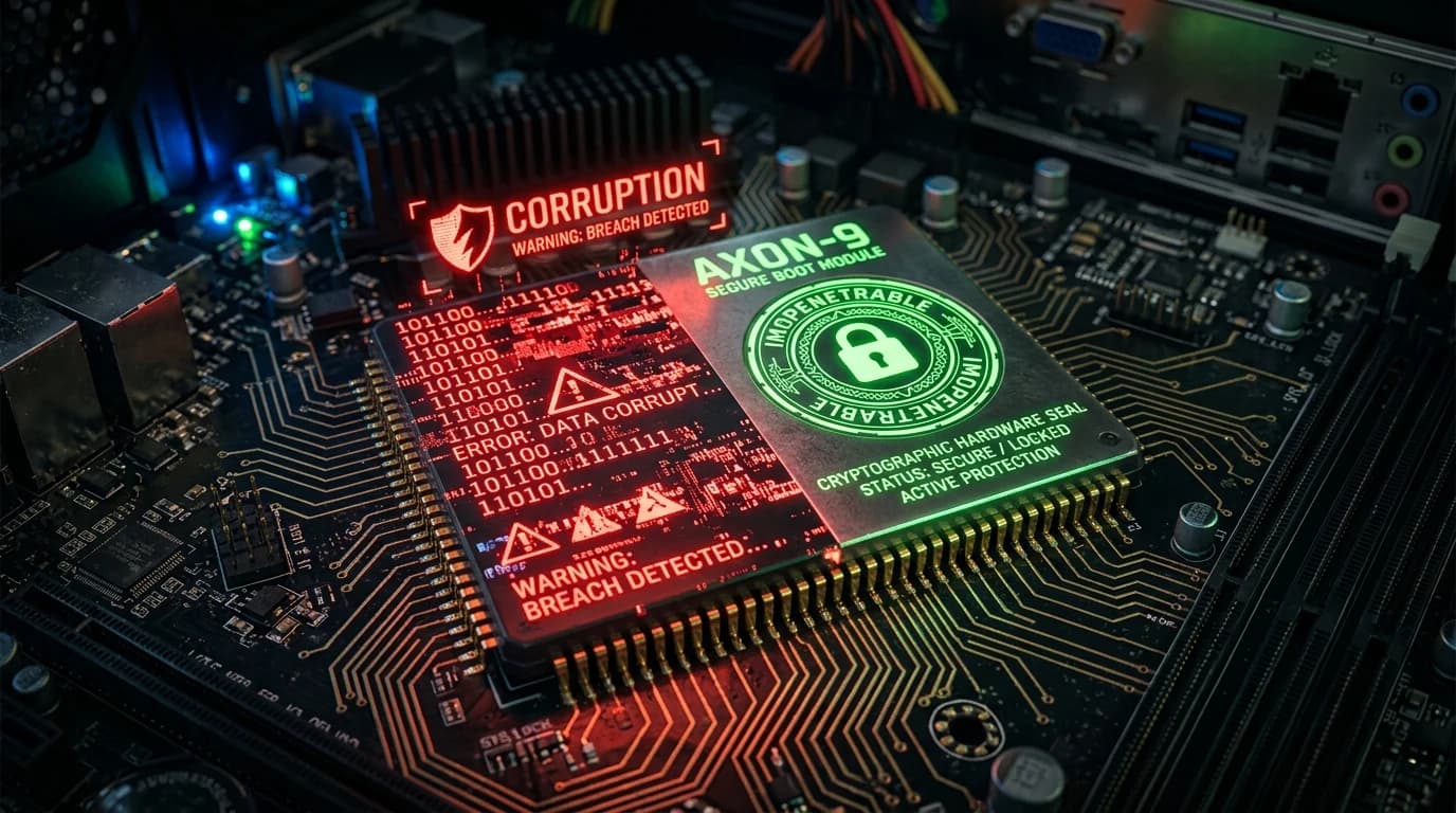 Glowing motherboard chip with corrupted red binary warnings and a green cryptographic hardware seal