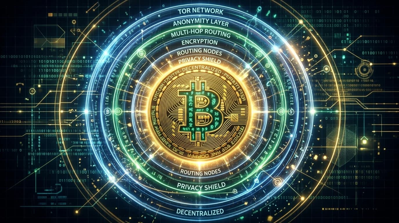 Glowing golden Bitcoin inscribed with cyber runes protected by multi-layered Tor onion rings