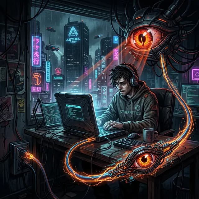 Conceptual visualization of a corporate boss monitoring employee network traffic via a glowing digital interface