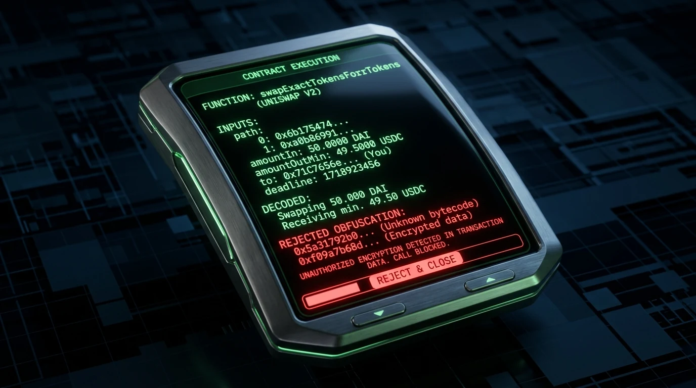Hardware wallet OLED display clearly parsing smart contract function calls in glowing green