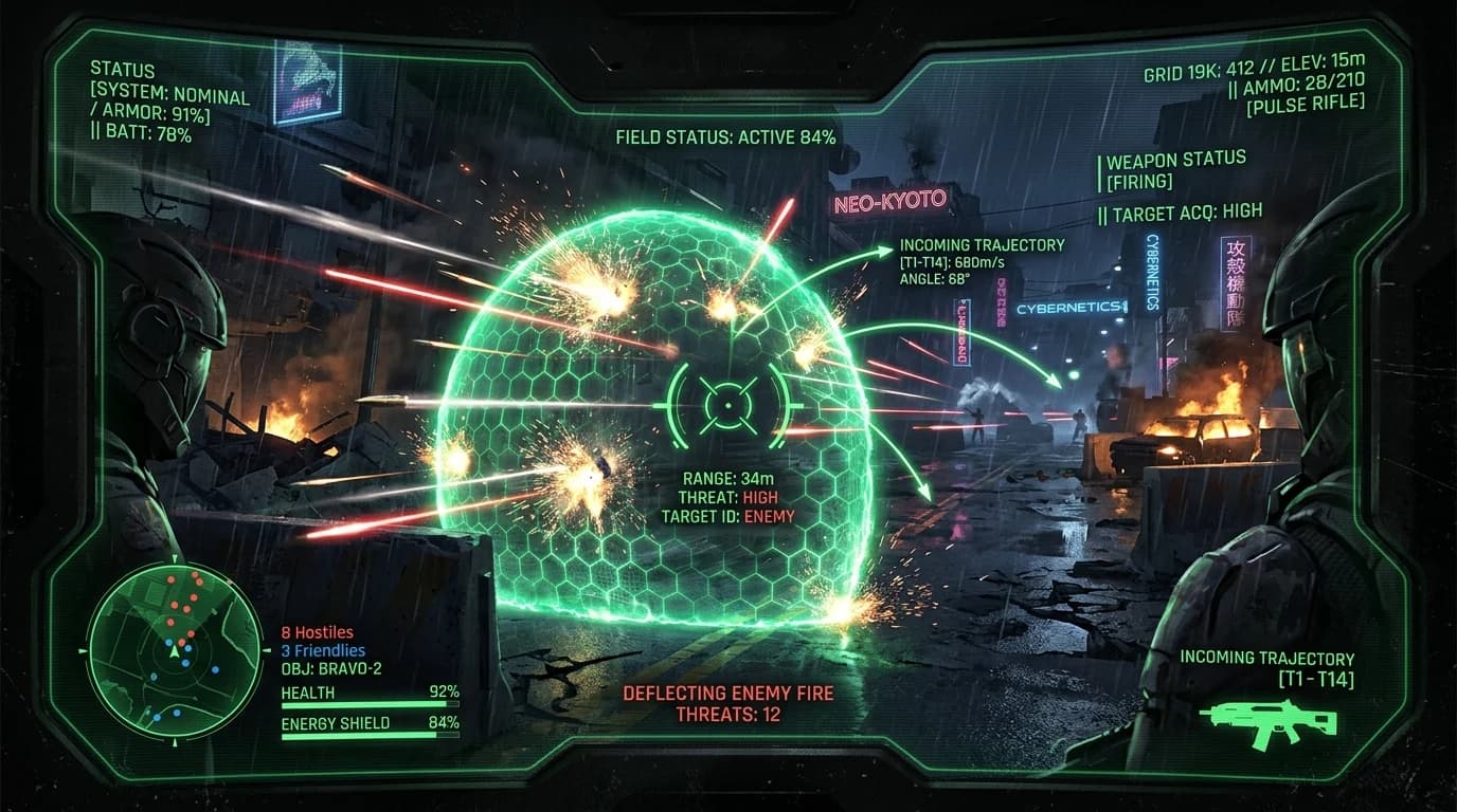 Military holographic visor showing ballistic trajectory curves and a glowing green energy shield