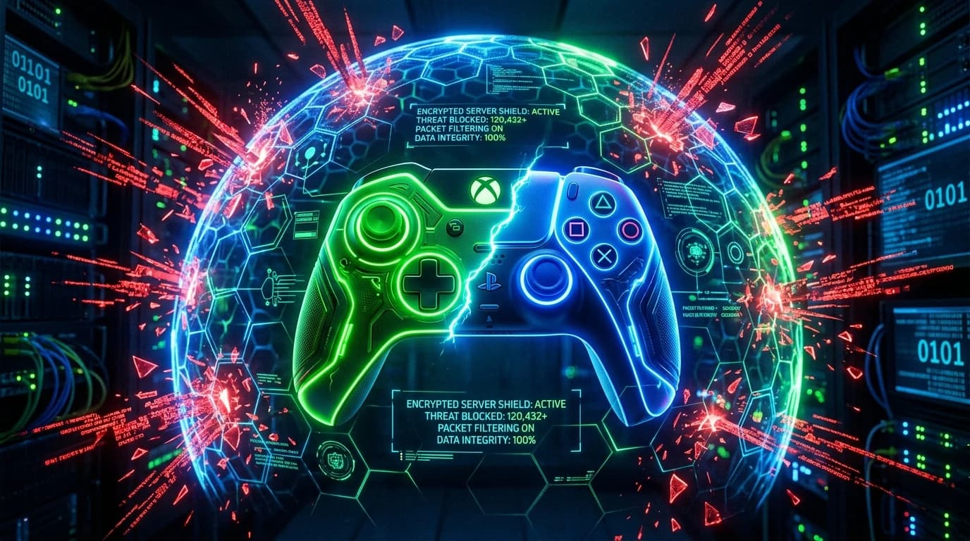 Futuristic gaming controller split between Xbox green and PS5 blue surrounded by an encrypted relay shield