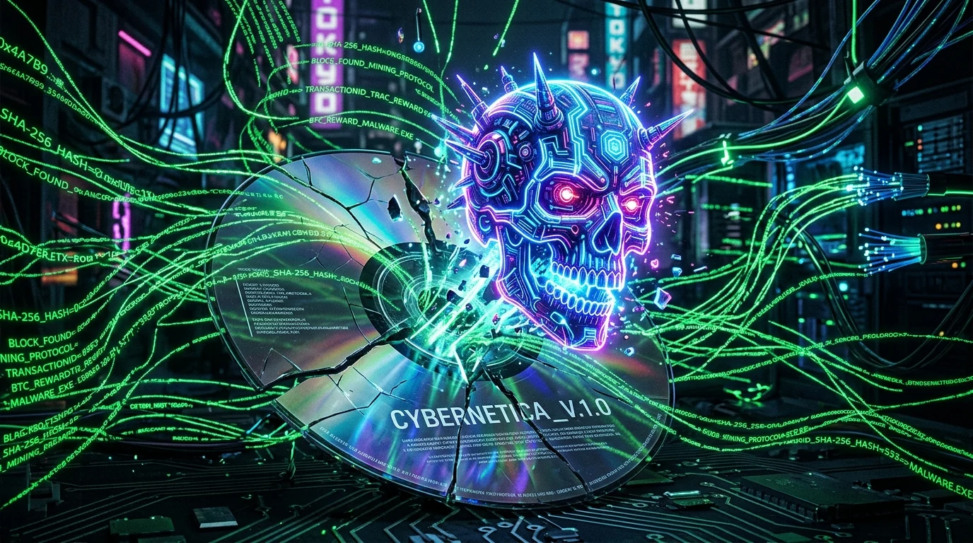 Cyberpunk skull emerging from a cracked video game disc surrounded by crypto miner code threads