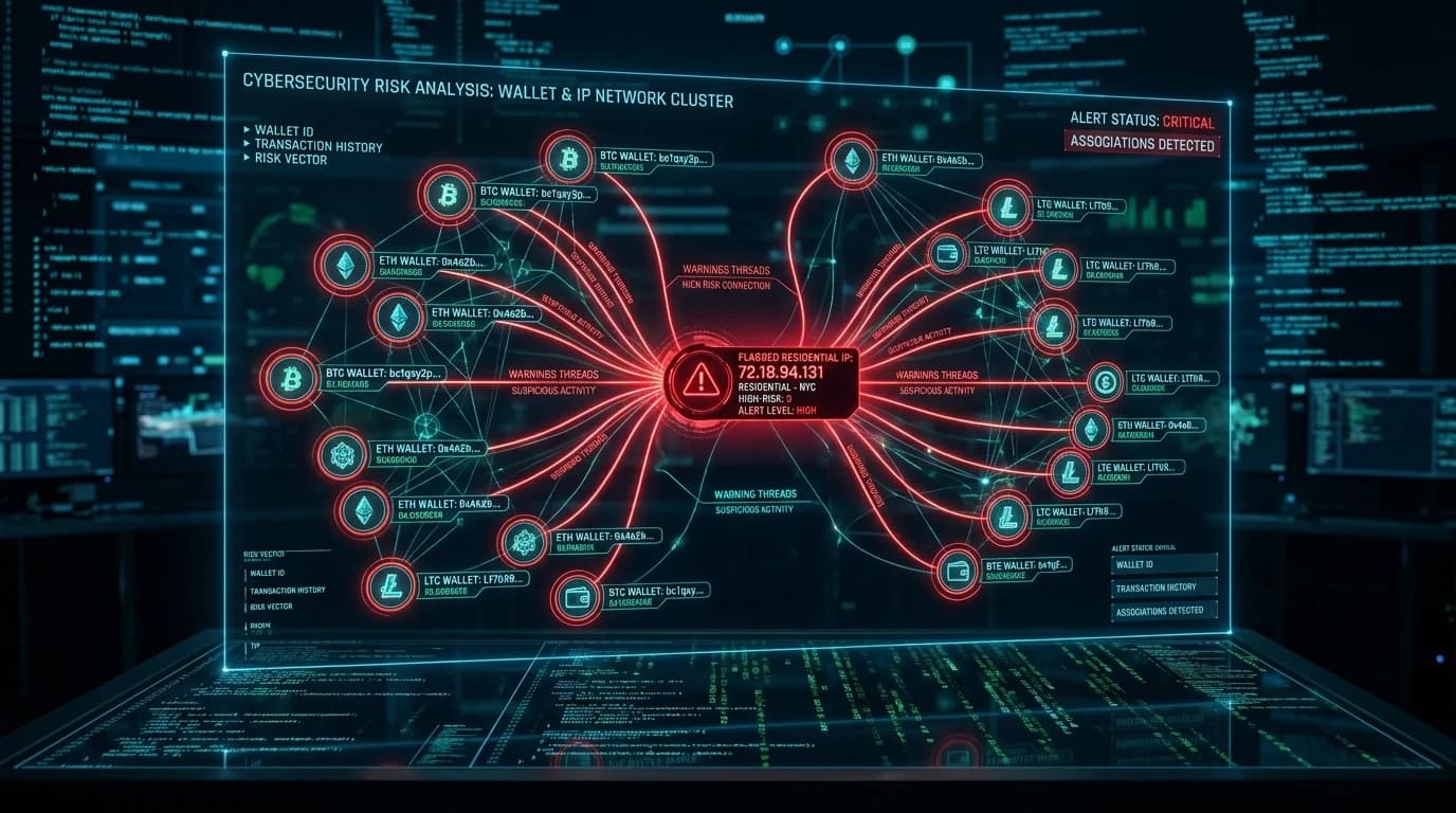 Holographic cluster graph showing multiple digital crypto wallets linked by red warning threads to one IP node