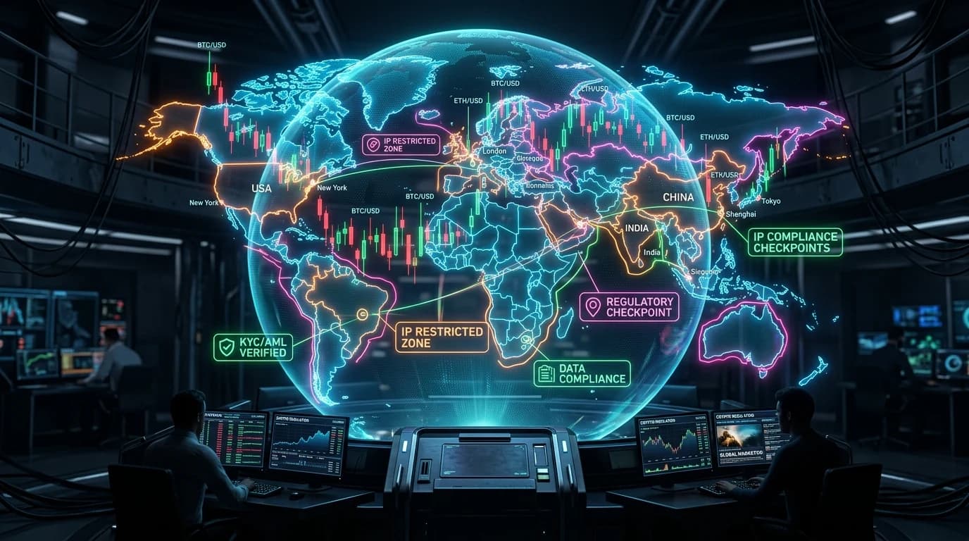 Holographic world map with crypto trading candles and glowing neon geo-fencing borders