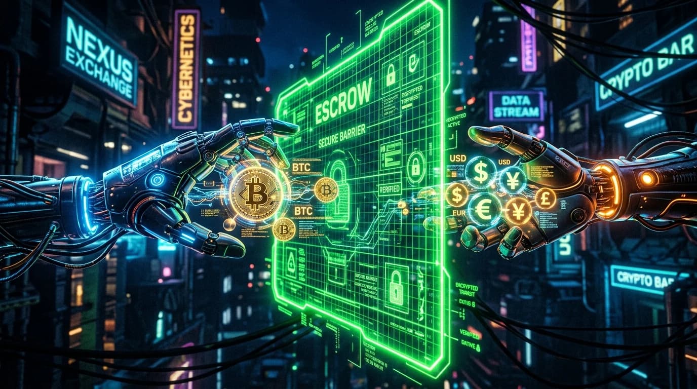 Cybernetic hands exchanging Bitcoin and fiat currency nodes across an escrow security barrier