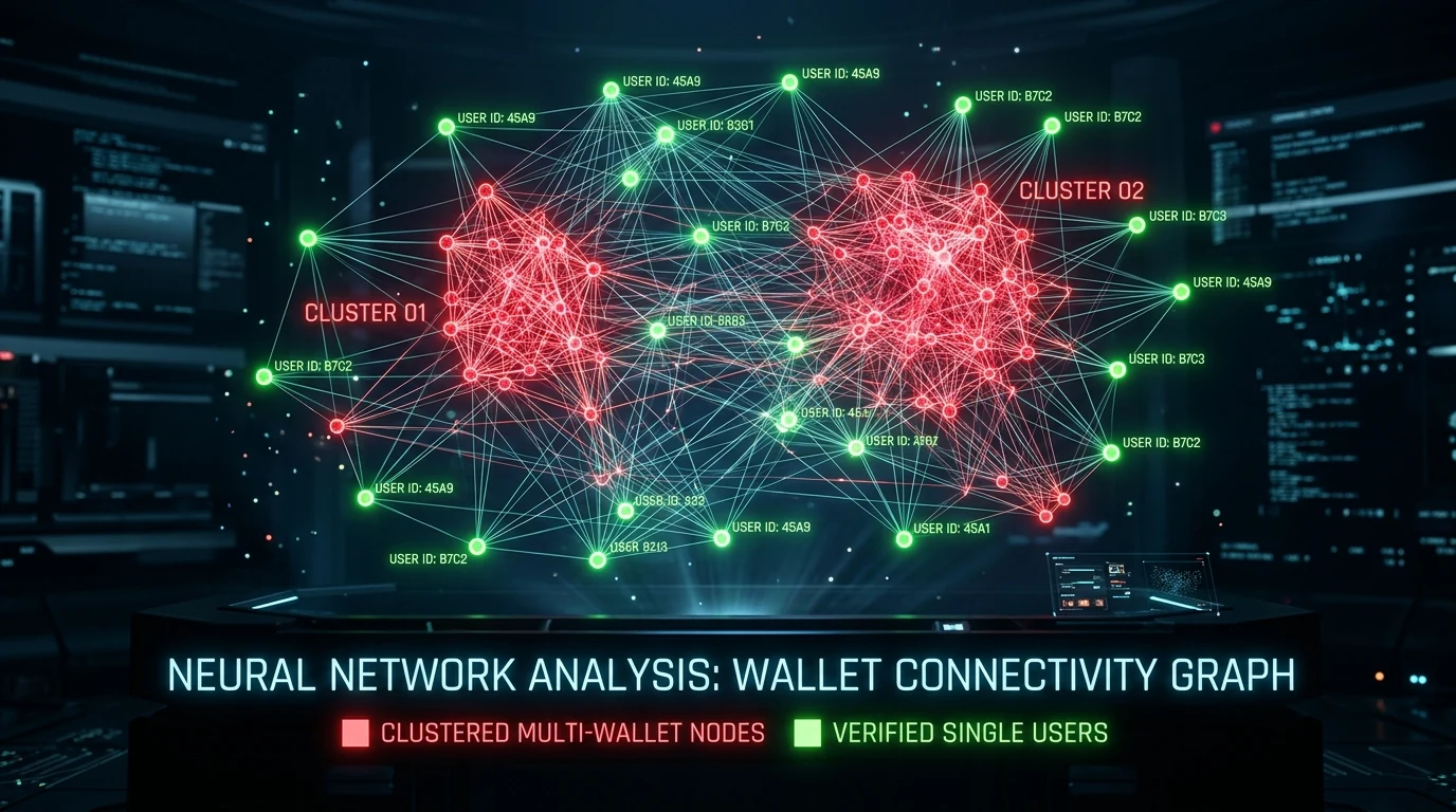 3D holographic neural graph highlighting clustered multi-wallet nodes in red and verified users in green