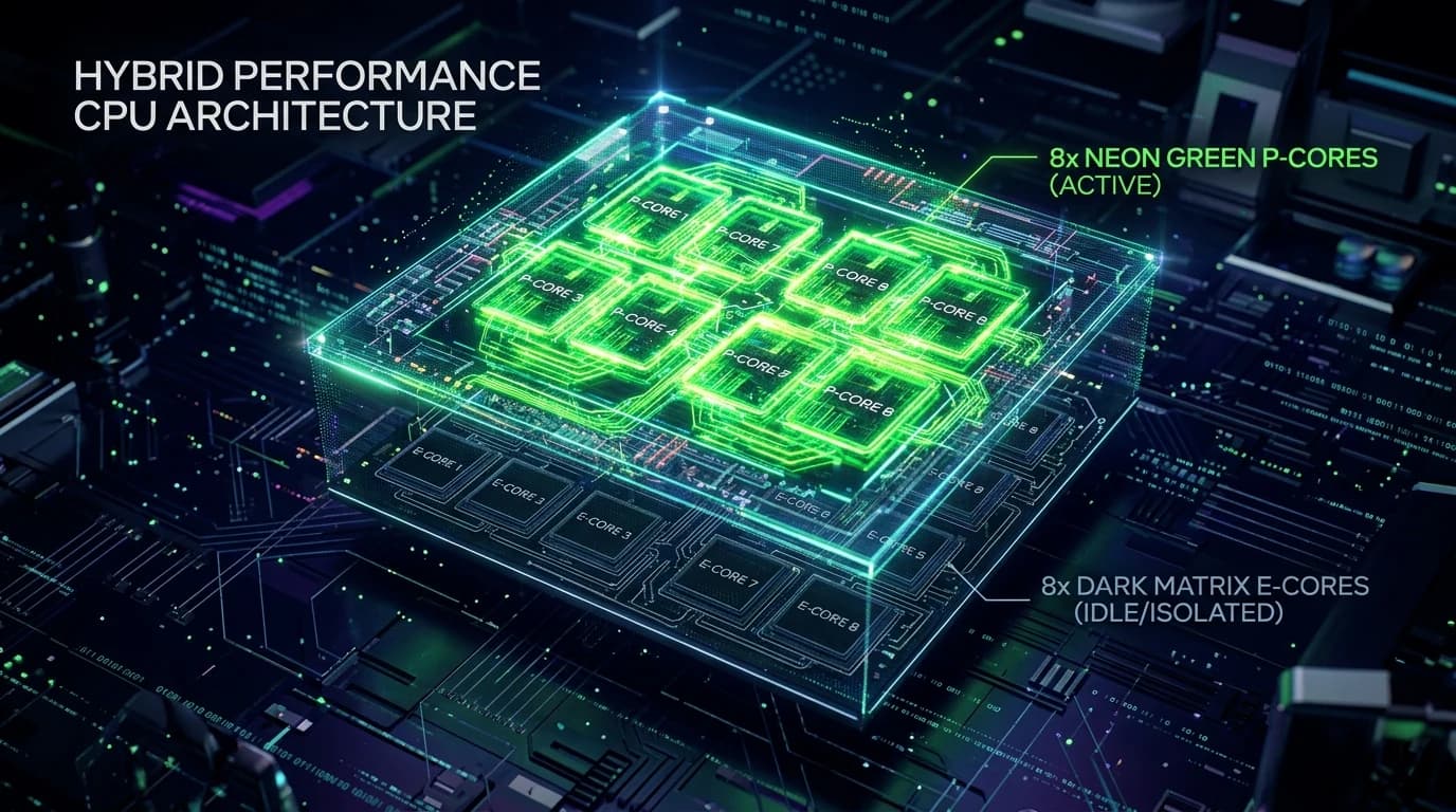 Holographic CPU die showing high-performance P-cores blazing in neon green