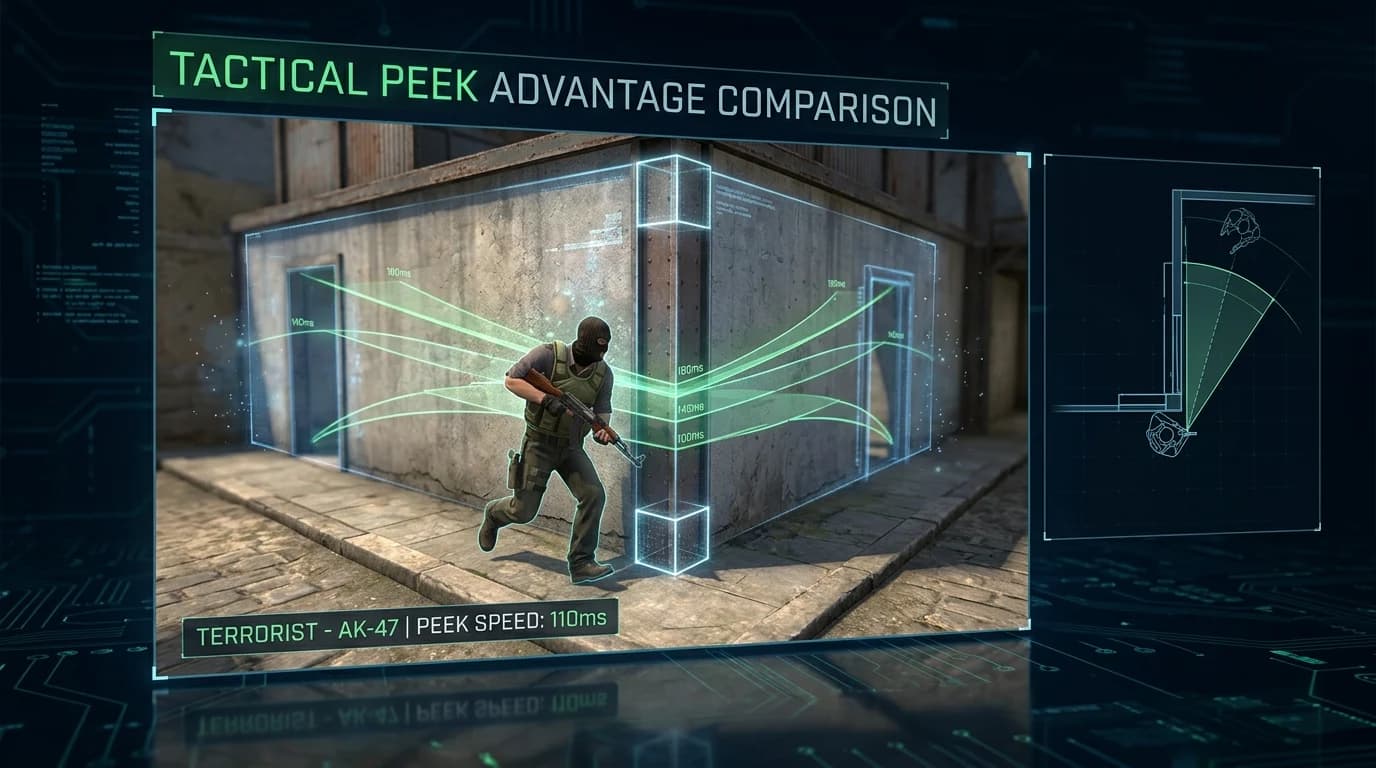 Counter-Strike tactical comparison showing a terrorist peaking a corner with peek advantage lines