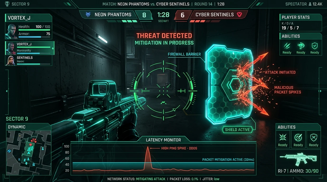 Esports tactical HUD displaying high packet latency neutralized by a cybernetic firewall