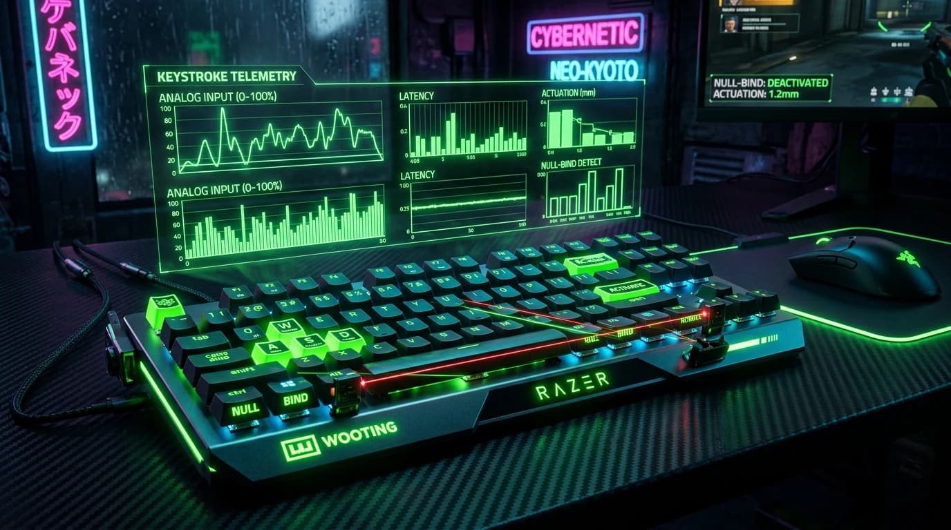 Cyberpunk Razer and Wooting analog keyboard with neon green keystroke telemetry graphs