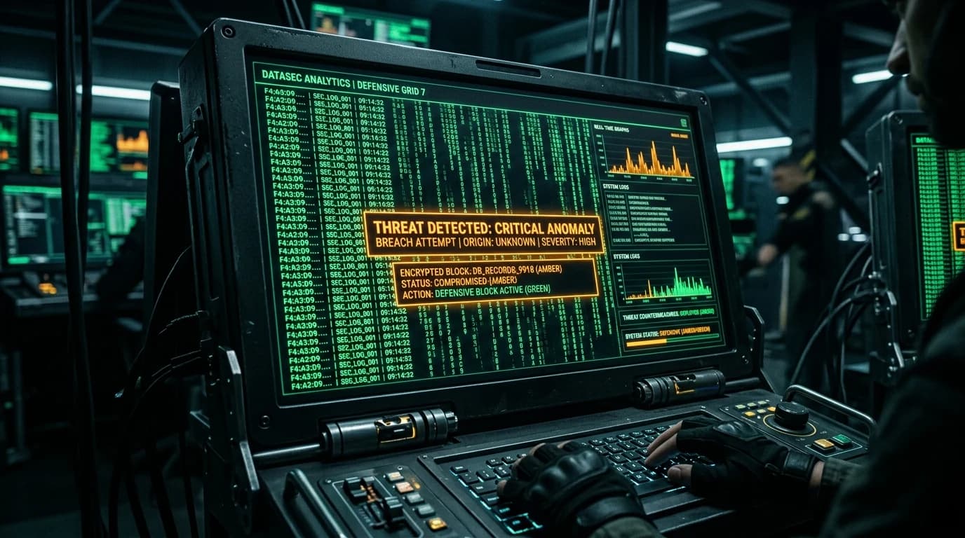 Dark cyberpunk security terminal analyzing a cascading waterfall of encrypted database records