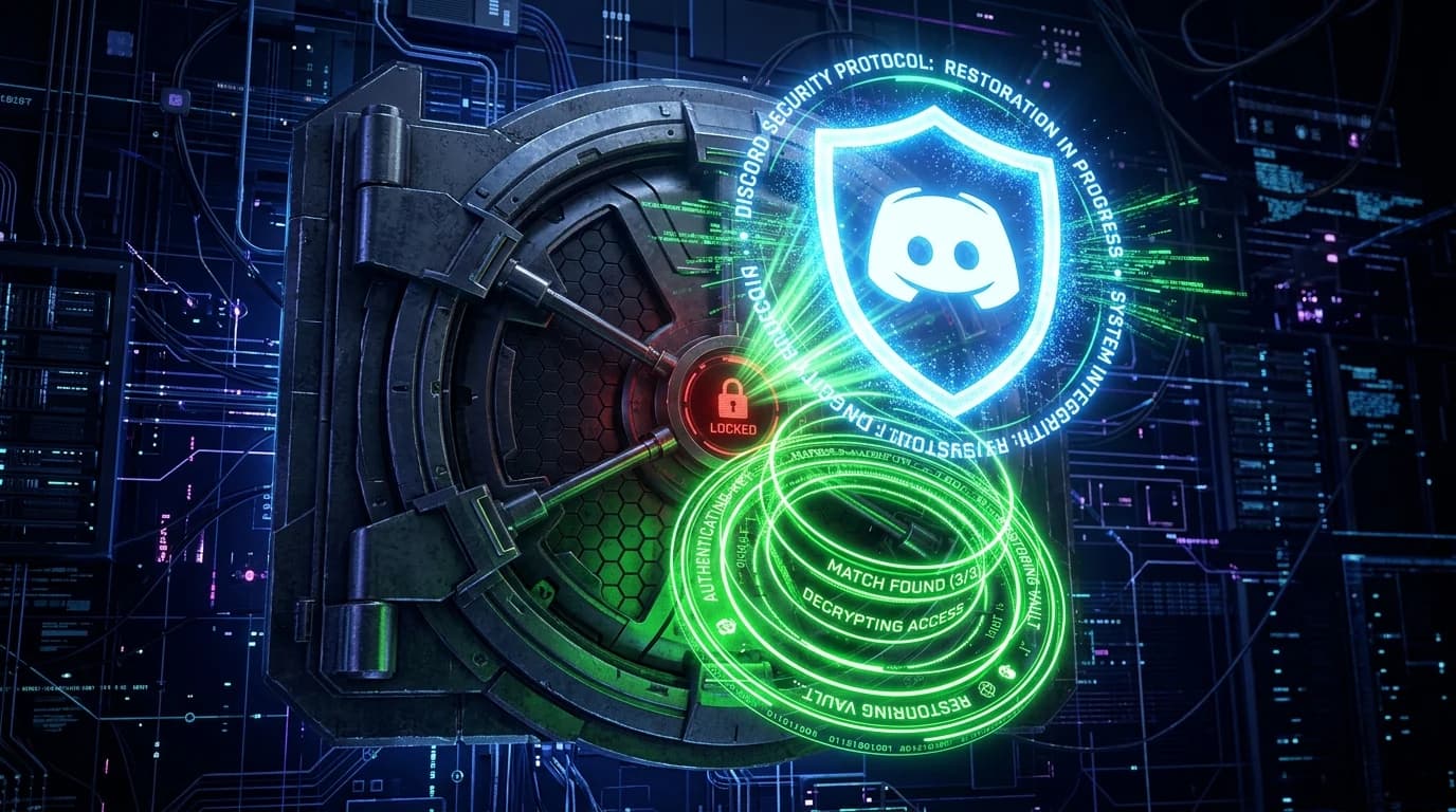 Holographic Discord shield restoring a locked digital vault with green security rings