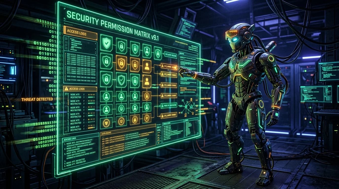 Cyberpunk robot inspecting a holographic security permission matrix in a dark cybersecurity lab