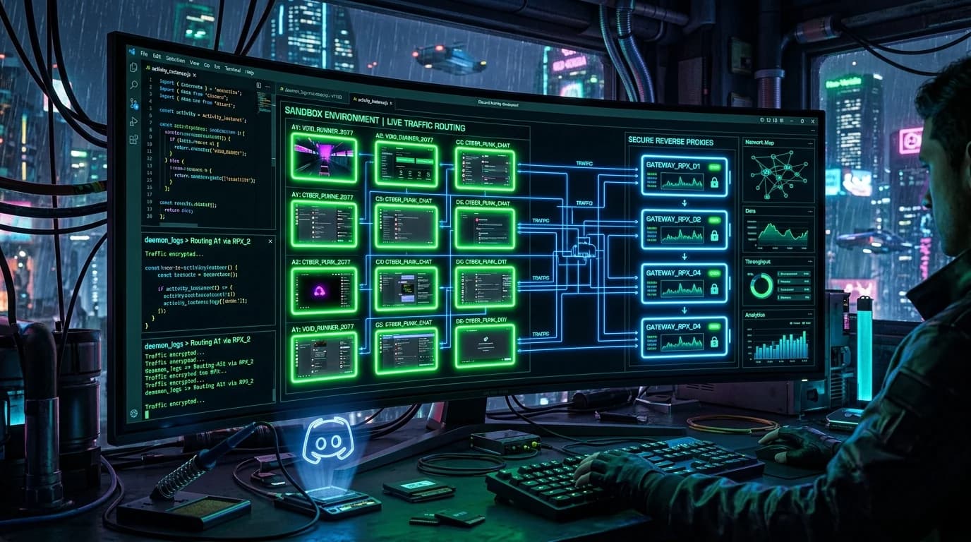 Cyberpunk Discord Activity developer interface with iframe sandboxes routing traffic through proxies