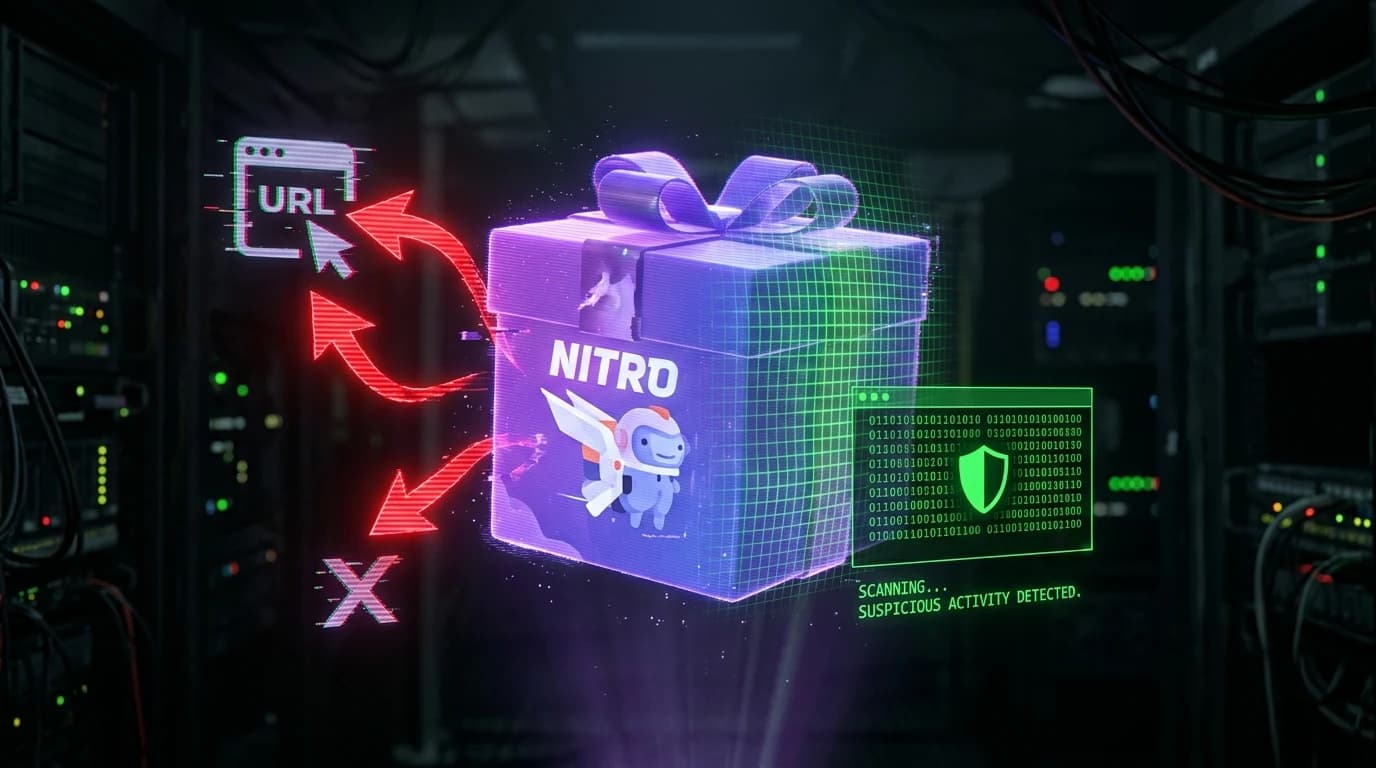 Deceptive glowing fake Discord Nitro gift box displaying red malicious redirection arrows