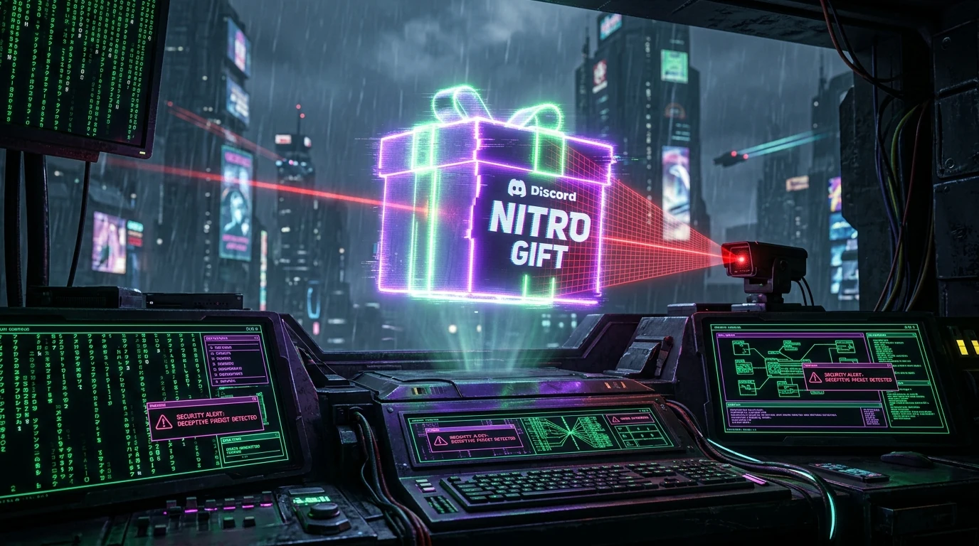 Cyberpunk illustration of a fake Discord Nitro gift box scanned by security lasers