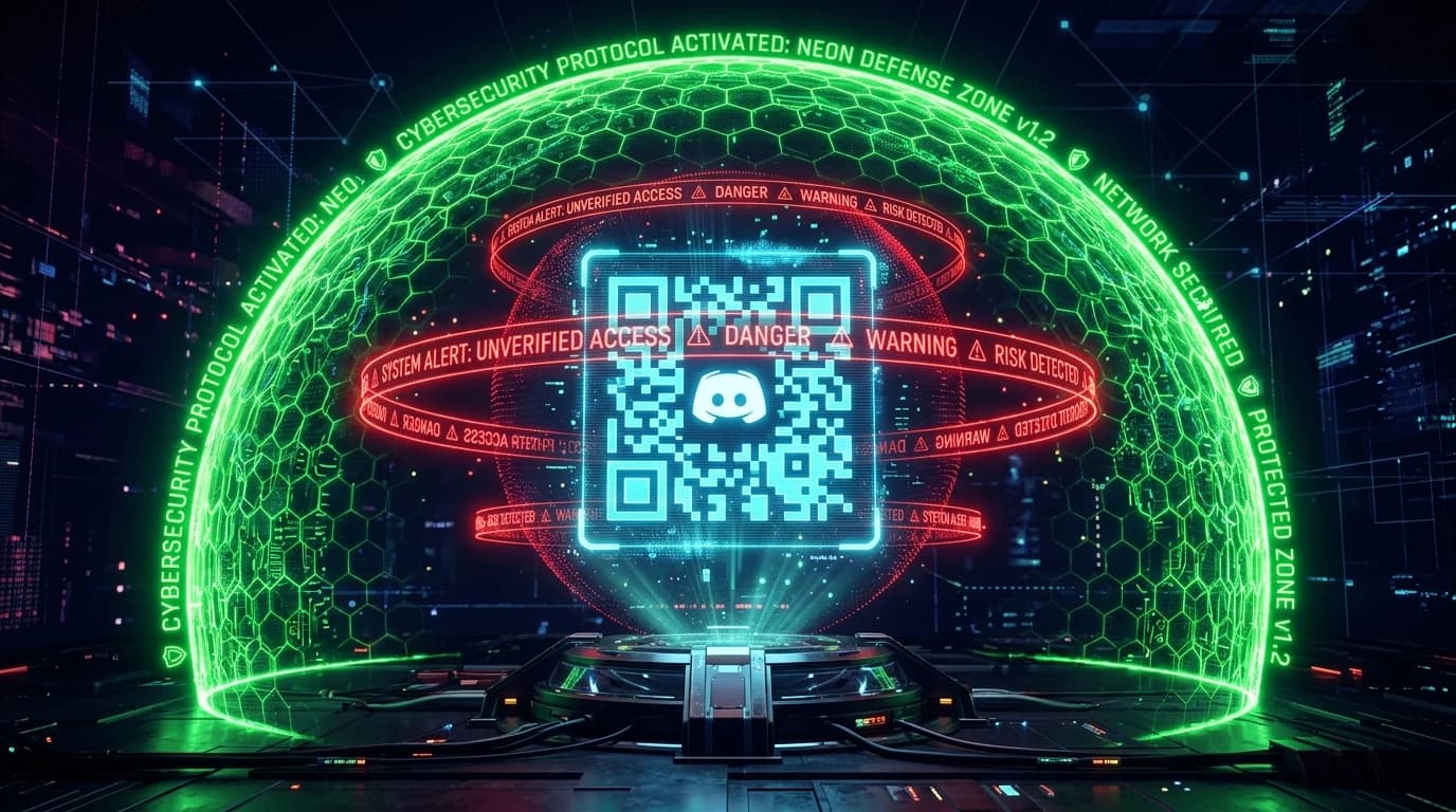 Holographic Discord QR code surrounded by red warning alert rings and a protective cyber shield