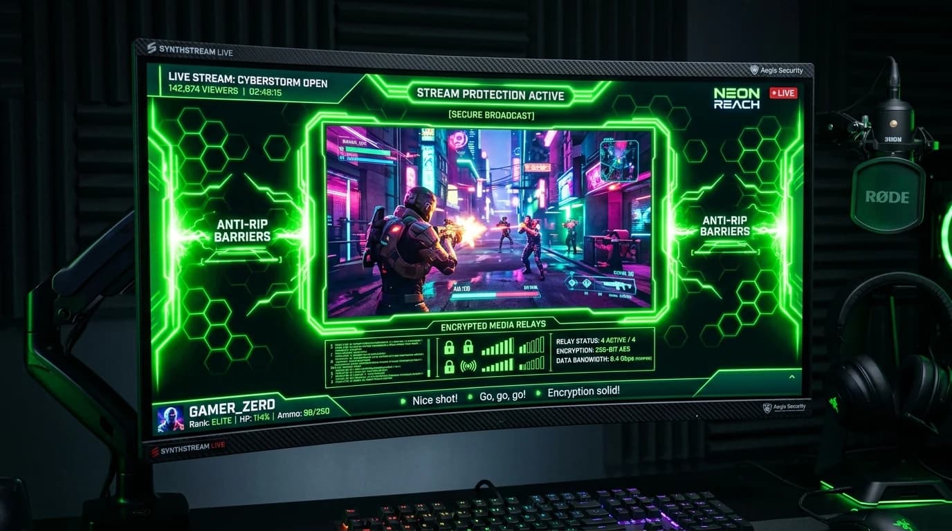 Futuristic gaming screen broadcasting live footage with neon green stream protection barriers