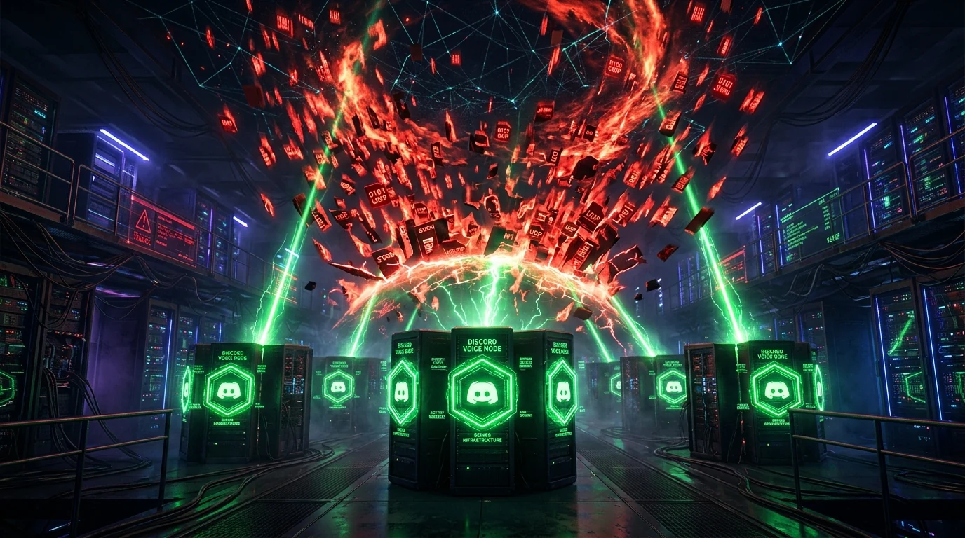 Cyberpunk server room with green Discord voice nodes defending against a massive red UDP packet storm