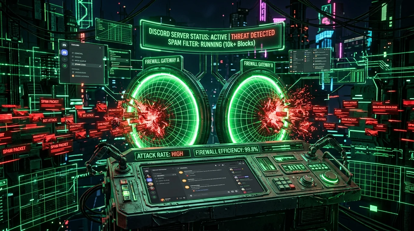 Cyberpunk Discord server control panel with green firewall gateways blocking automated spam