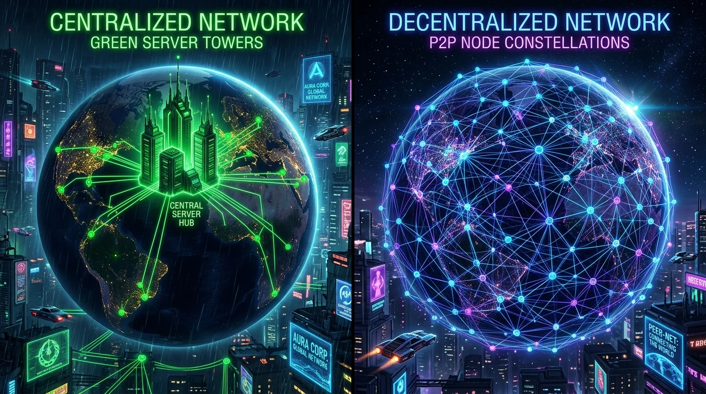 Two contrasting cyberpunk globe networks comparing centralized server towers with P2P constellations