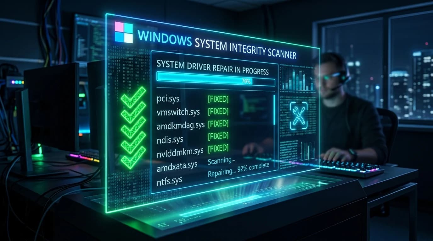 Holographic Windows system integrity scanner repairing corrupted system drivers with green checkmarks